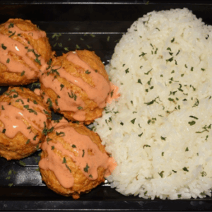 PROTEIN PLUS! BUFFALO CHICKEN MEATBALLS AND JASMINE RICE