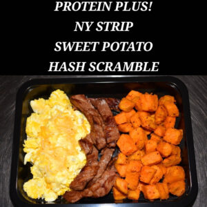 PROTEIN PLUS! GRILLED NY STRIP SWEET POTATO HASH SCRAMBLE
