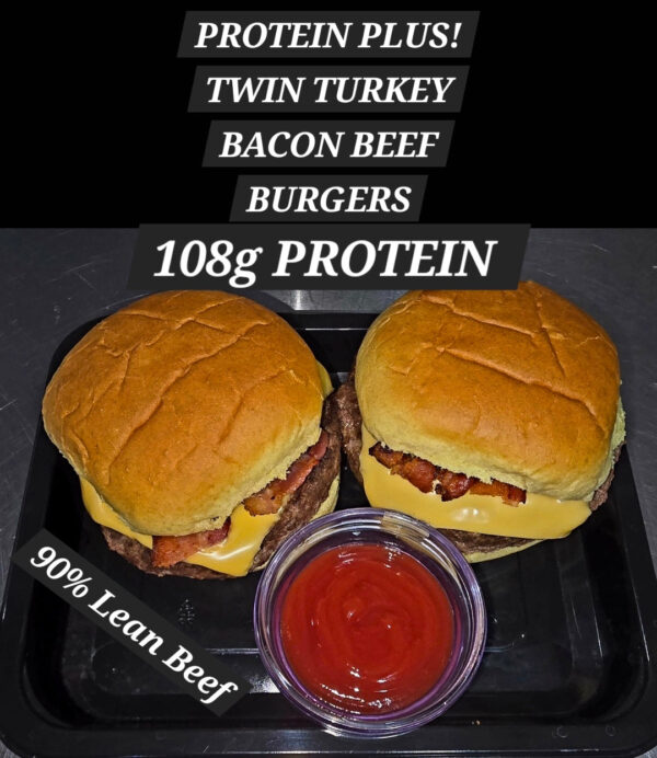 PROTEIN PLUS! TWIN TURKEY BACON BEEF BURGERS (2 servings)