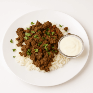 HALAL SPICED GROUND BEEF RICE BOWL